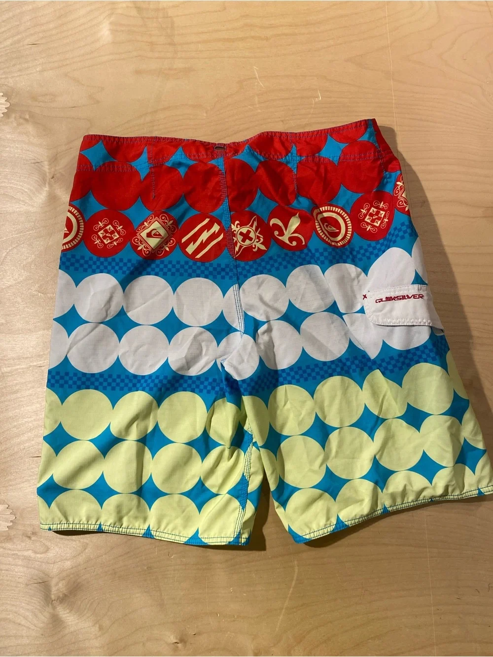 QuikSilver Red, Blue & Yellow Patterned Board Shorts 38 (BM)